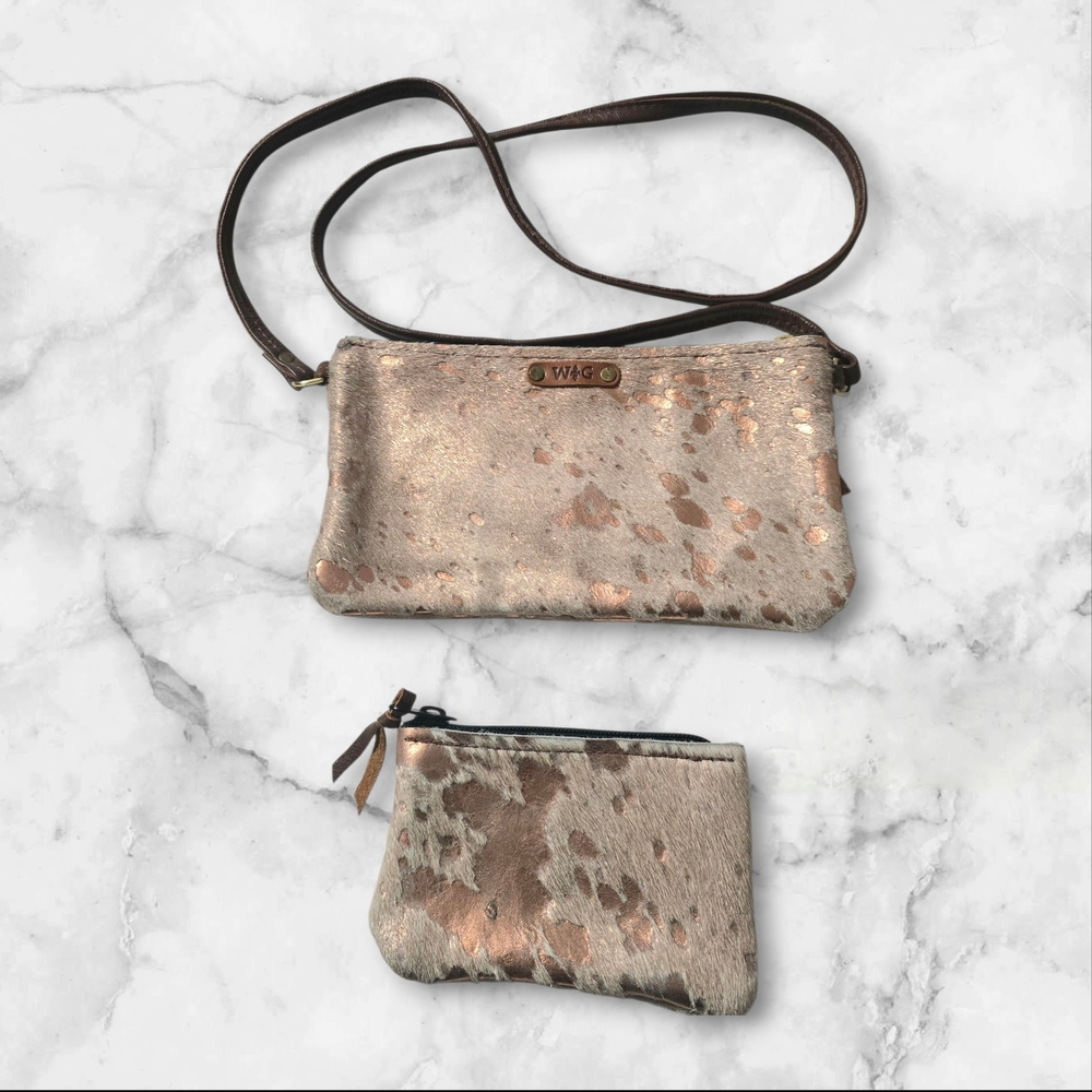 NEW CowHide Metallic Rose Gold & Brown Crossbody Bag Set